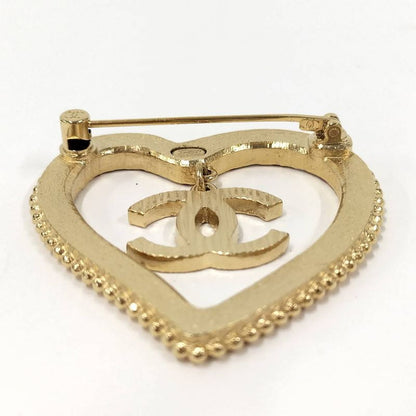 Chanel Heart Brooch CC Logo Line Stone Gold Plated