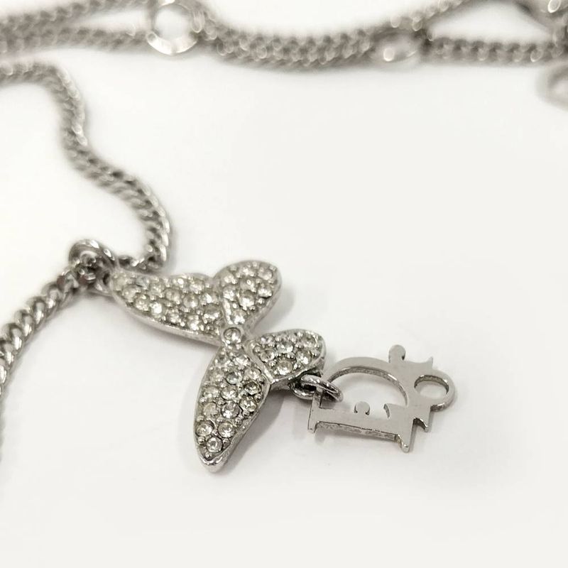 Dior Butterfly Necklace Logo Line Stone Plated Silver