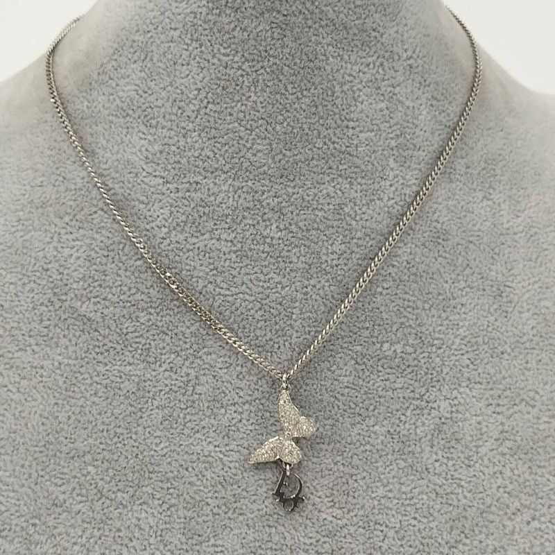 Dior Butterfly Necklace Logo Line Stone Plated Silver