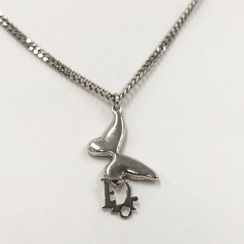Dior Butterfly Necklace Logo Line Stone Plated Silver