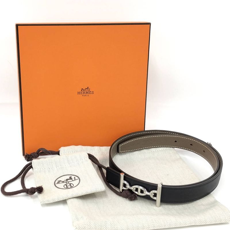 Hermes Reversible Belt Lug Leather Black Etoupe Silver
