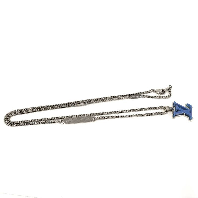 Louis Vuitton Pendant Monogram Chain Necklace LV Initial Plated Blue Silver