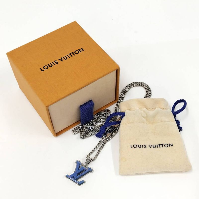 Louis Vuitton Pendant Monogram Chain Necklace LV Initial Plated Blue Silver