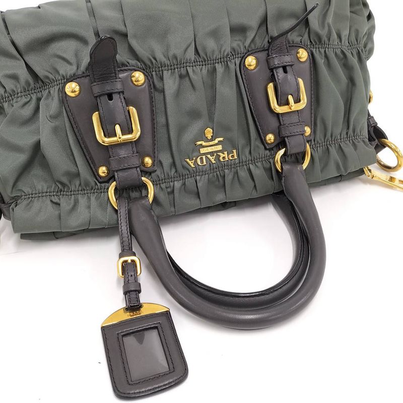 Prada Gathered Tote Nylon Khaki