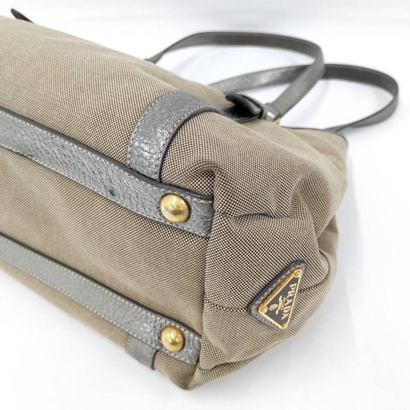 Prada Tote Canvas Leather Brown Silver