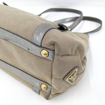 Prada Tote Canvas Leather Brown Silver