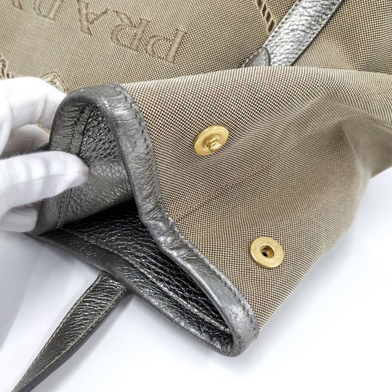 Prada Tote Canvas Leather Brown Silver