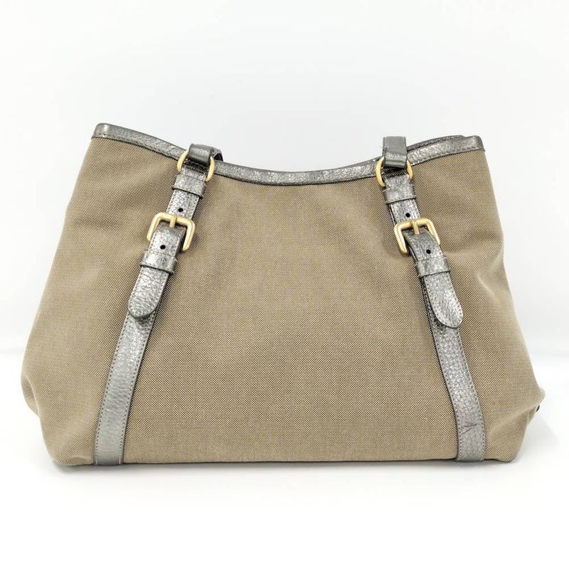 Prada Tote Canvas Leather Brown Silver