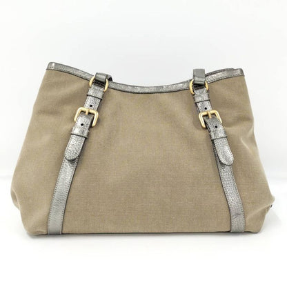 Prada Tote Canvas Leather Brown Silver