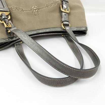 Prada Tote Canvas Leather Brown Silver