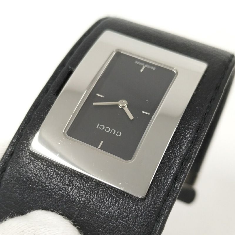 Gucci Bangle Watch SS Leather Quartz Black Dial