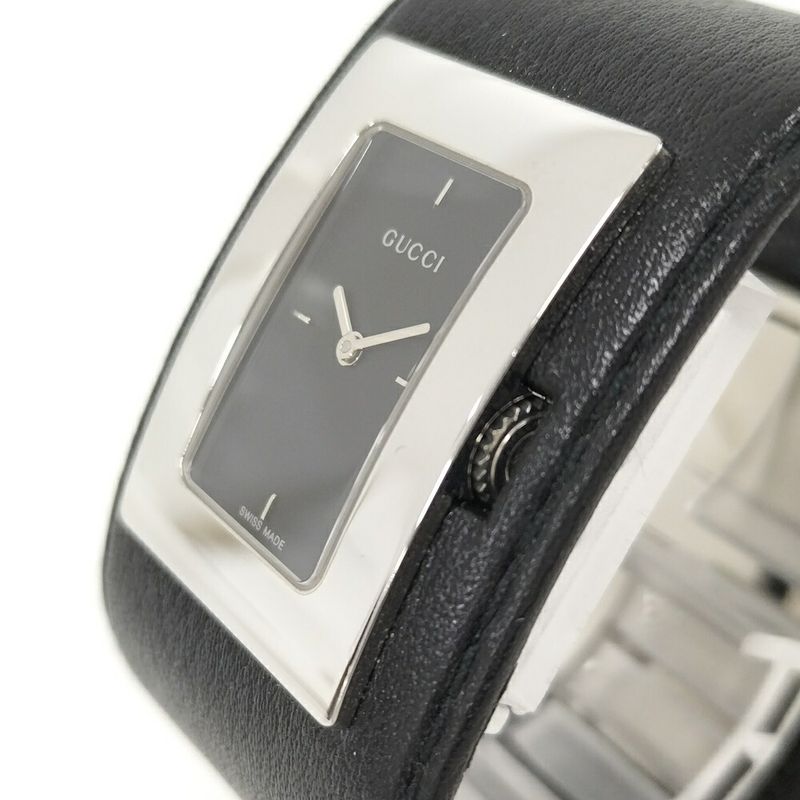 Gucci Bangle Watch SS Leather Quartz Black Dial