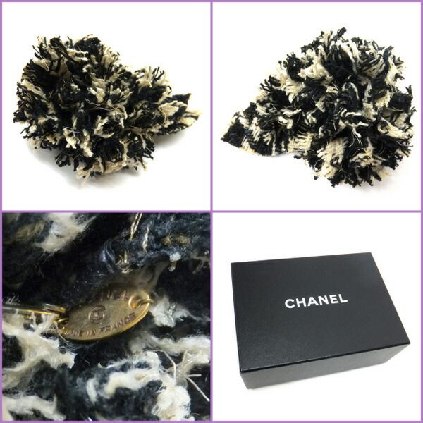 Chanel Camellia Corsage Tweed Black White Brooch