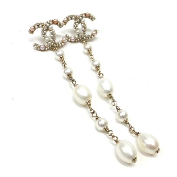 Chanel Swing Earrings Metal Costume Pearl Champagne Gold White CC