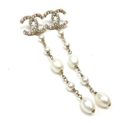 Chanel Swing Earrings Metal Costume Pearl Champagne Gold White CC