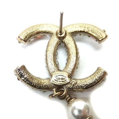 Chanel Swing Earrings Metal Costume Pearl Champagne Gold White CC