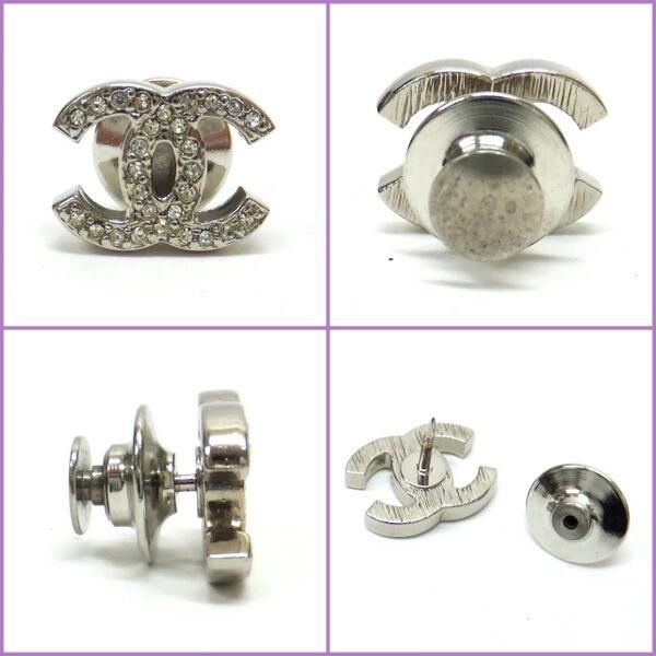 Chanel Pin Brooch 3 Piece Set Metal Line Stone Clear Silver CC Camellia Leaf