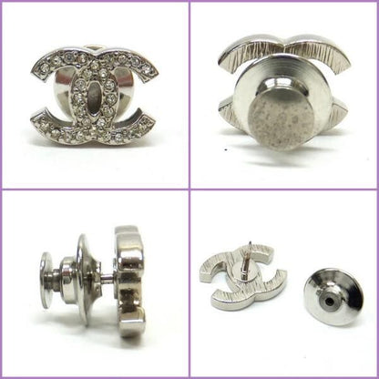 Chanel Pin Brooch 3 Piece Set Metal Line Stone Clear Silver CC Camellia Leaf