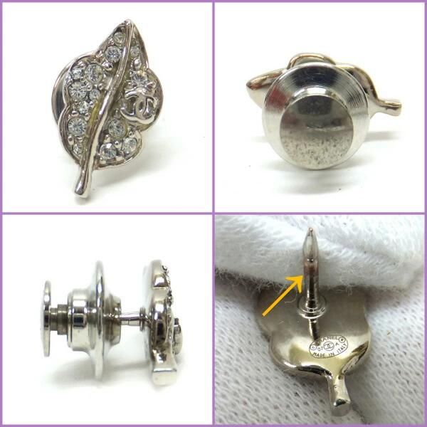 Chanel Pin Brooch 3 Piece Set Metal Line Stone Clear Silver CC Camellia Leaf