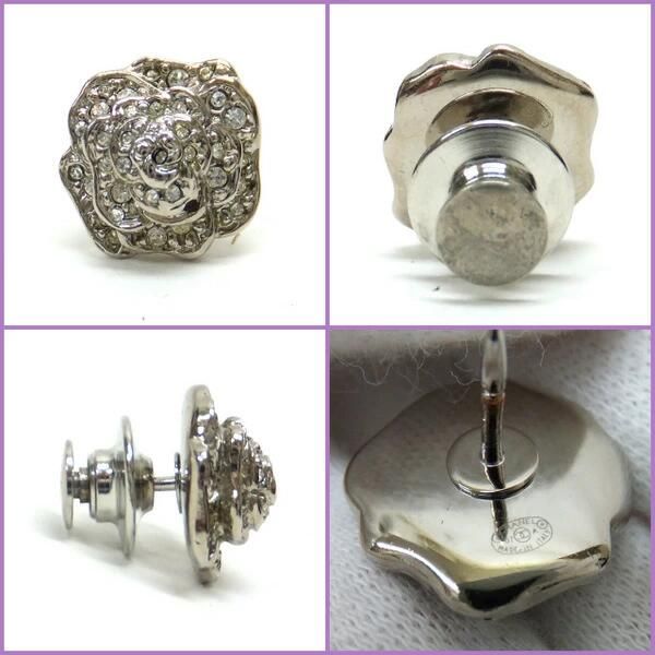 Chanel Pin Brooch 3 Piece Set Metal Line Stone Clear Silver CC Camellia Leaf