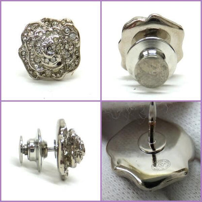 Chanel Pin Brooch 3 Piece Set Metal Line Stone Clear Silver CC Camellia Leaf