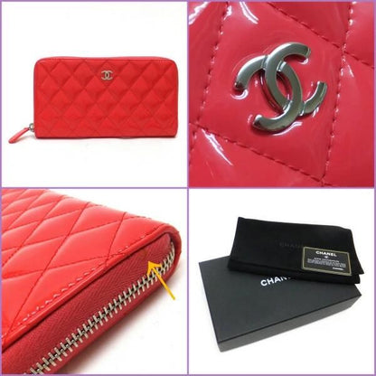 Chanel Zip Around Wallet Quilted Patent Leather Pink Silver