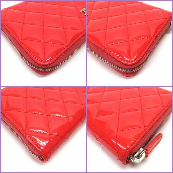 Chanel Zip Around Wallet Quilted Patent Leather Pink Silver