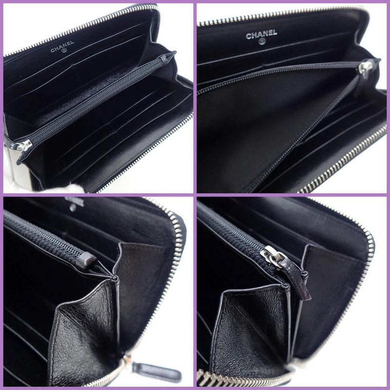 Chanel Zip Around Wallet Leather Black Silver 8 Digits
