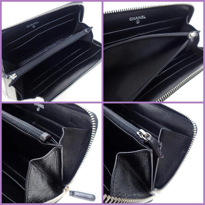 Chanel Zip Around Wallet Leather Black Silver 8 Digits