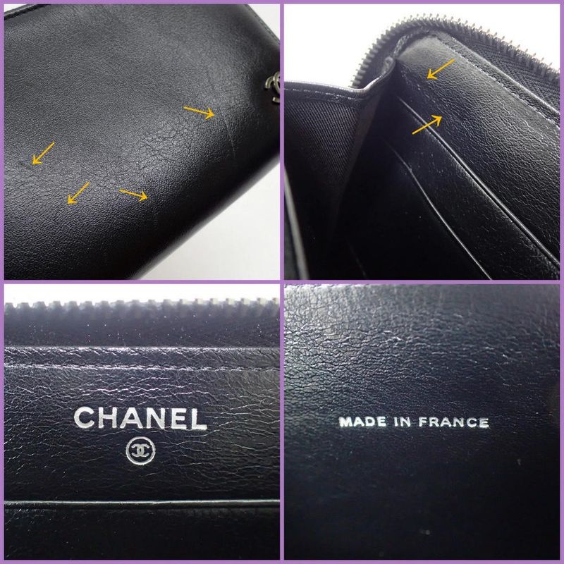 Chanel Zip Around Wallet Leather Black Silver 8 Digits