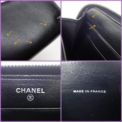 Chanel Zip Around Wallet Leather Black Silver 8 Digits