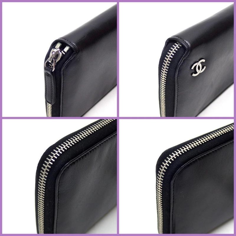 Chanel Zip Around Wallet Leather Black Silver 8 Digits
