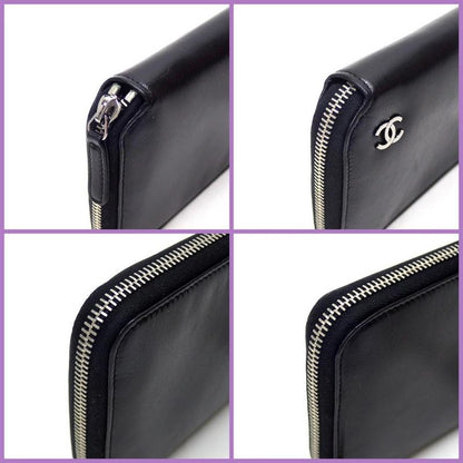 Chanel Zip Around Wallet Leather Black Silver 8 Digits