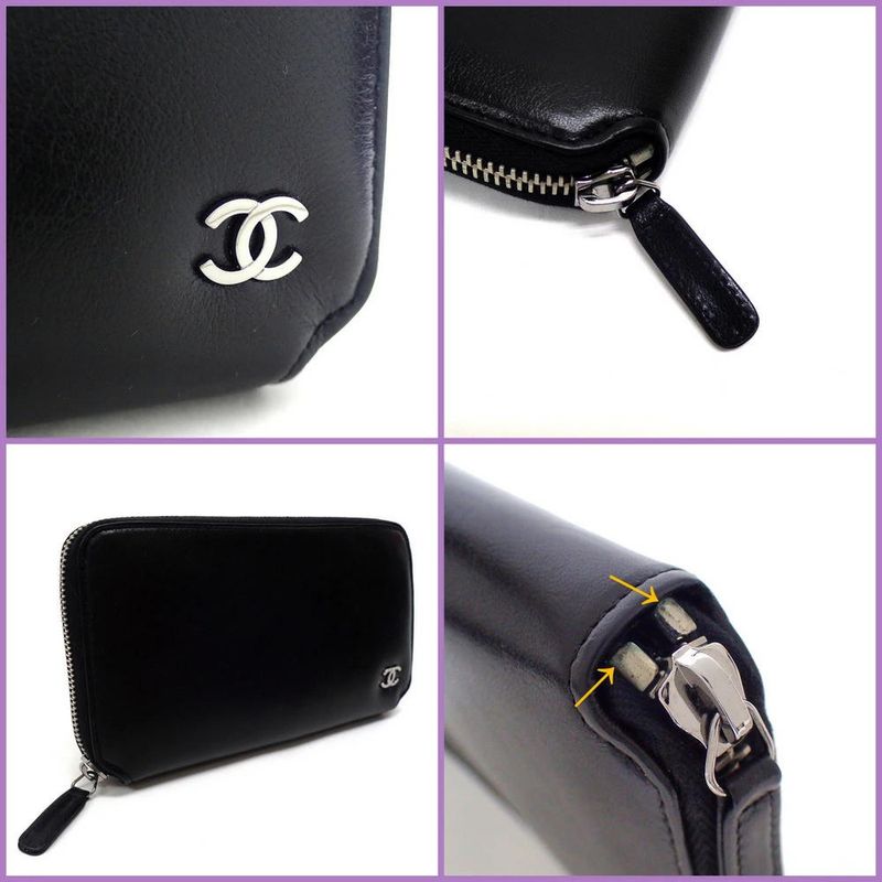 Chanel Zip Around Wallet Leather Black Silver 8 Digits
