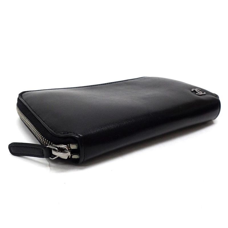 Chanel Zip Around Wallet Leather Black Silver 8 Digits