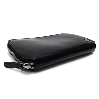 Chanel Zip Around Wallet Leather Black Silver 8 Digits