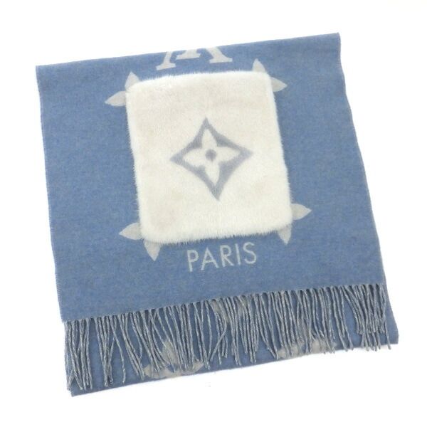Louis Vuitton Cordray Cavic Scarf Cashmere Light Blue White Monogram Giant