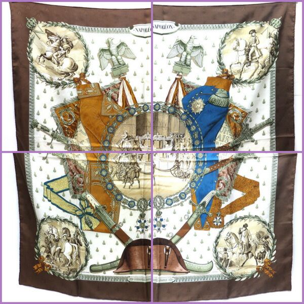 Hermes Carre 90 Scarf Silk Brown White Napoleon
