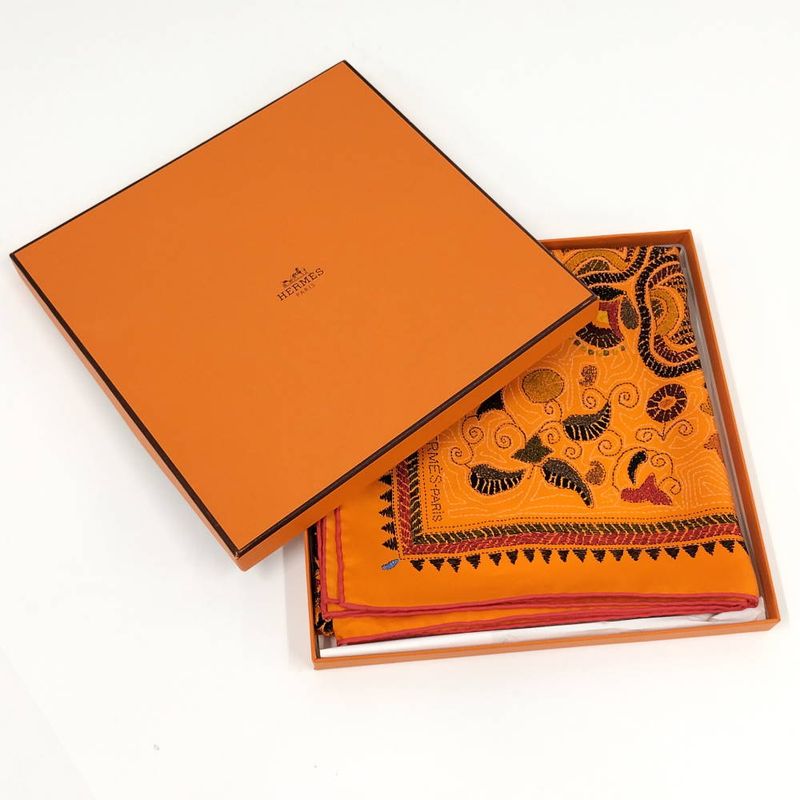 Hermes Carre 90 Scarf Kantha Silk Orange