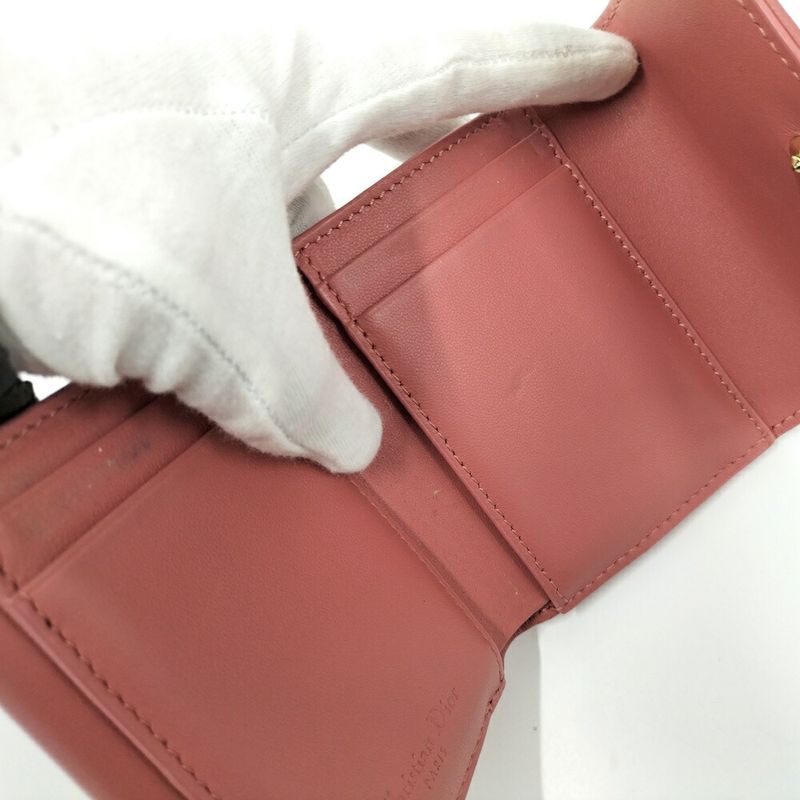 Dior Trifold Wallet Lady Lotus Leather Pink Coral