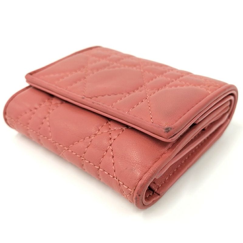 Dior Trifold Wallet Lady Lotus Leather Pink Coral