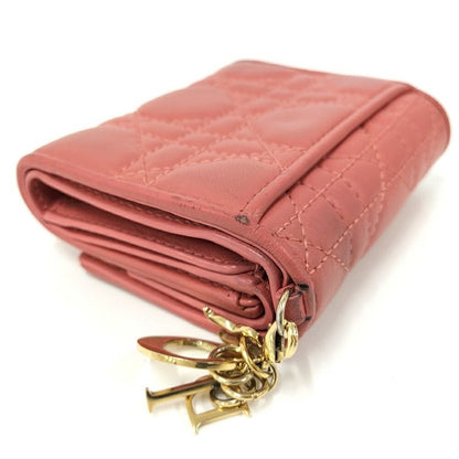Dior Trifold Wallet Lady Lotus Leather Pink Coral