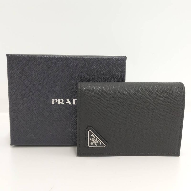 Prada Compact Wallet Bifold Triangle Logo Saffiano Leather Black