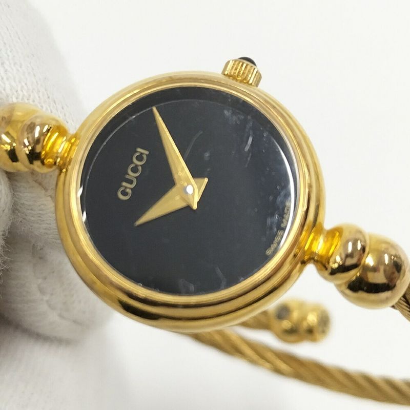 Gucci Bangle Watch SS Quartz Gold Plated Black Dial