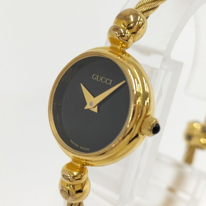 Gucci Bangle Watch SS Quartz Gold Plated Black Dial
