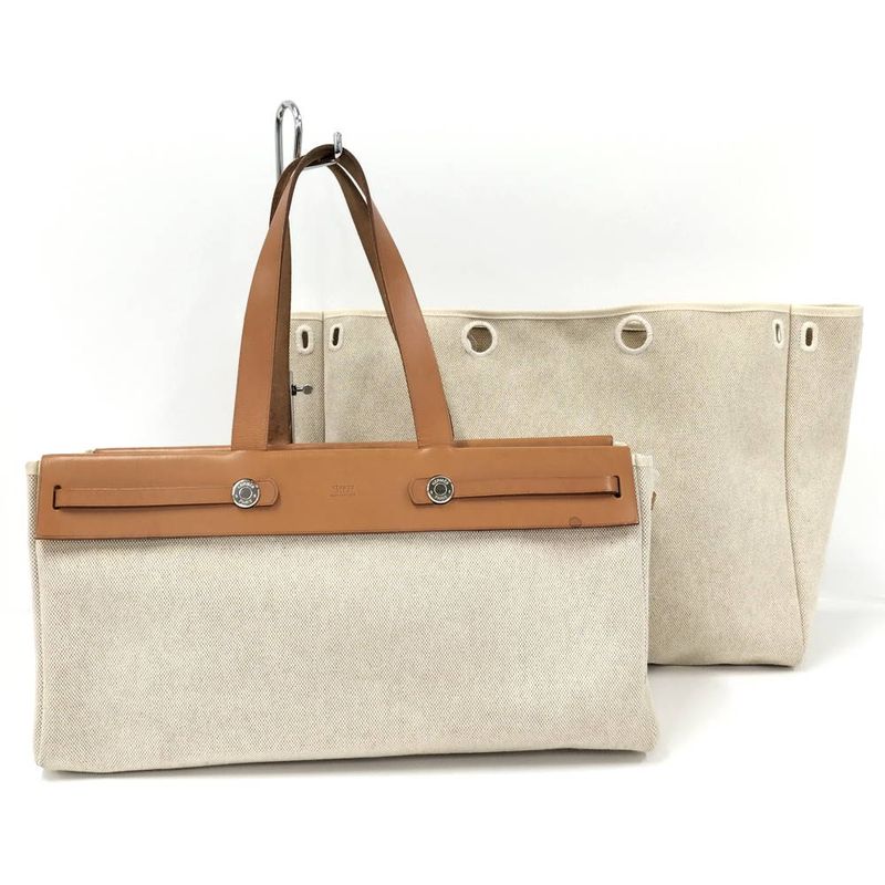Hermes Herbag Cabas GM Leather Canvas Natural Handbag