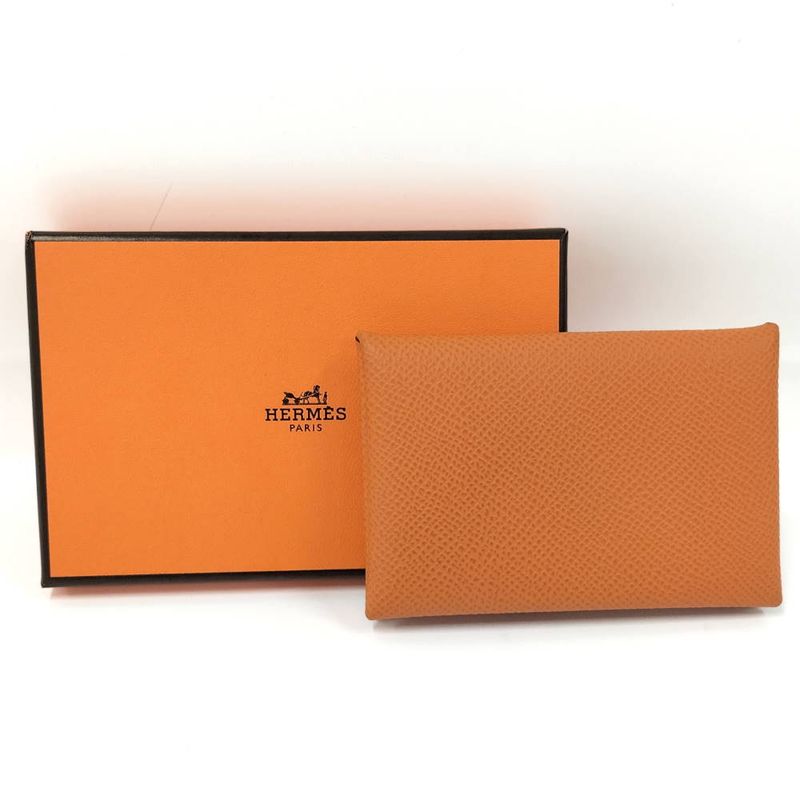 Hermes Calvi Verso Bifold Card Case Leather Orange