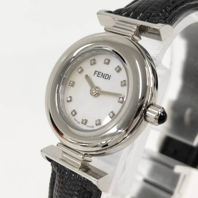 Fendi Watch Quartz Black Leather White Shell Dial
