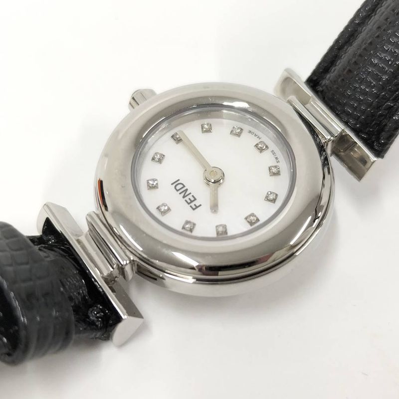 Fendi Watch Quartz Black Leather White Shell Dial