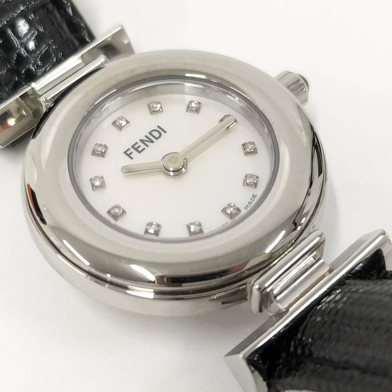 Fendi Watch Quartz Black Leather White Shell Dial